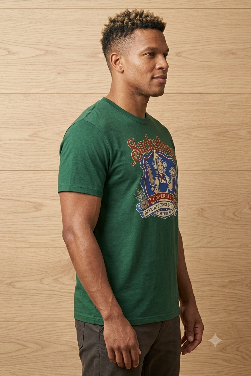 SUCKAFREE UNIVERSITY: THE "DETROIT DOUGHNUT" GRAPHIC TEE (FOREST GREEN)