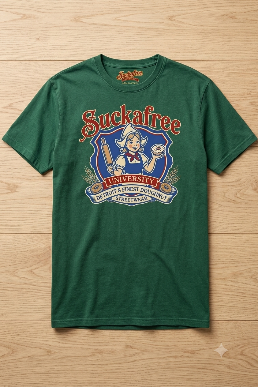 SUCKAFREE UNIVERSITY: THE "DETROIT DOUGHNUT" GRAPHIC TEE (FOREST GREEN)